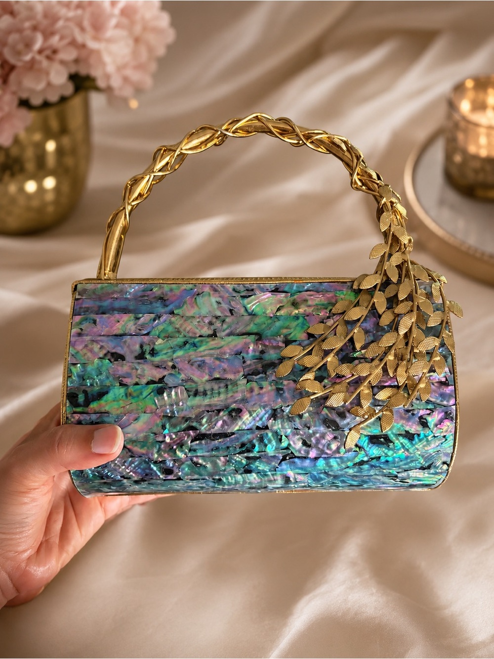 Gold Handle Abalone Effect Minaudière - Iridescent Blue Green
